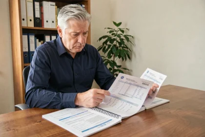 Homme de 58 ans comparant des relevés de retraite à son bureau à domicile avec des documents de calcul éparpillés
