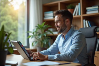 Homme analysant des graphiques de cryptomonnaie sur tablette dans un bureau