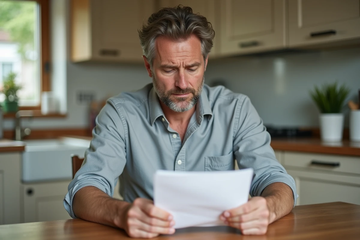 Homme à domicile lisant une lettre officielle d'un bureau de recouvrement de créances