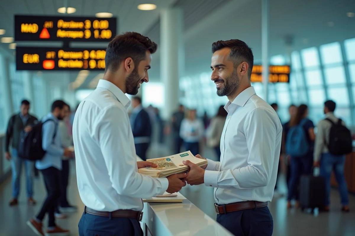 Homme échangeant des dirhams marocains contre des euros à un comptoir de change dans un aéroport