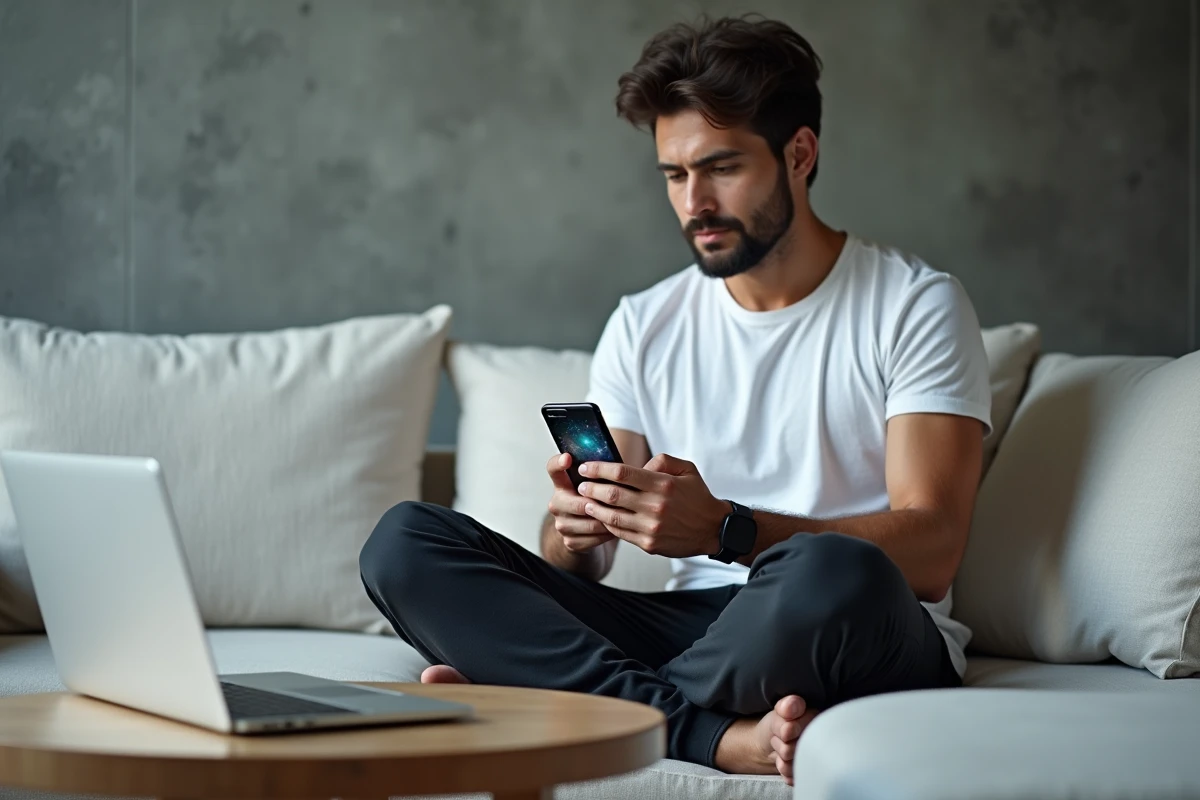 Homme évaluant les opportunités de revenus sur le jeu Eternal Lunesta depuis son salon