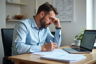 Homme français concentré remplissant un formulaire d'impots