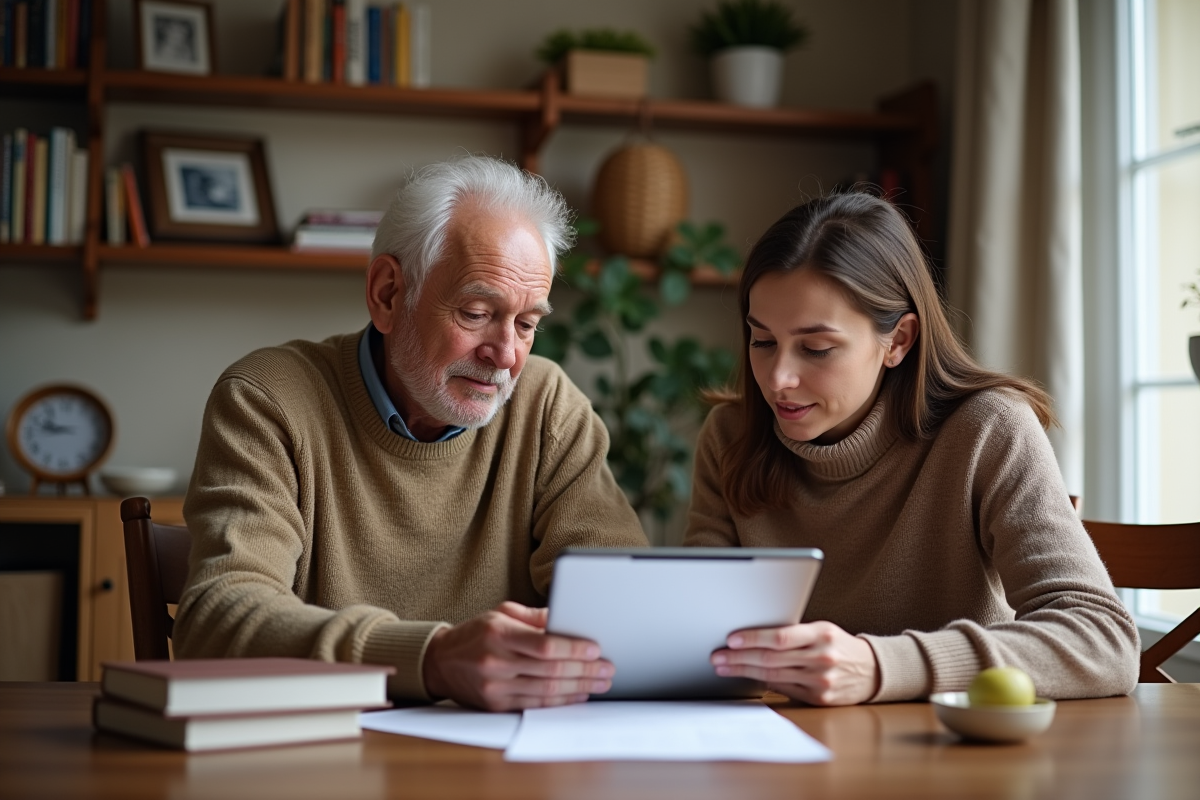 Homme et fille examinent documents d