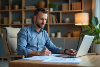 Homme en tenue casual analyse documents financiers chez lui