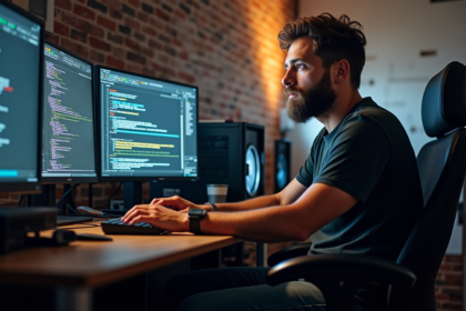 Homme barbu vérifiant données de minage bitcoin à son bureau