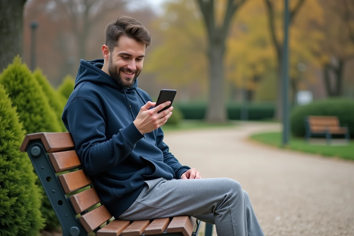 Homme assis dans un parc consultant une application de récompenses après une promenade quotidienne