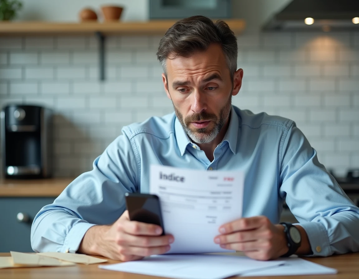Homme régularisant une facture Free impayée avec son smartphone et une facture papier