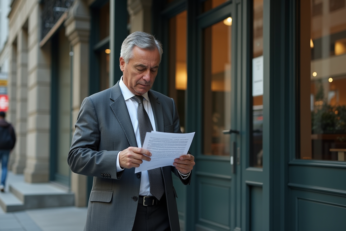Homme d age devant banque tenant une lettre de refus