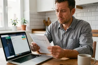 Homme examinant un relevé bancaire avec un prélèvement SGS Automotive de 30 euros affiché sur son ordinateur portable