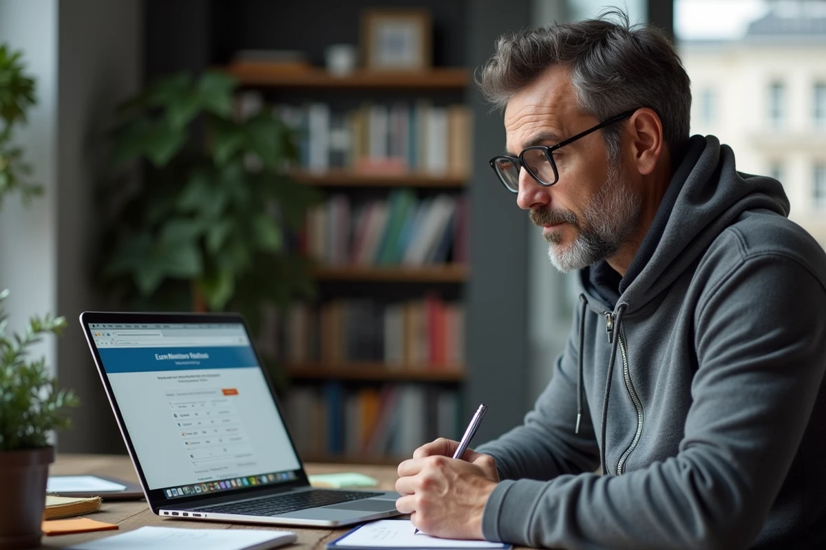 Homme consultant les résultats EuroMillions Étoile Plus sur ordinateur et prenant des notes