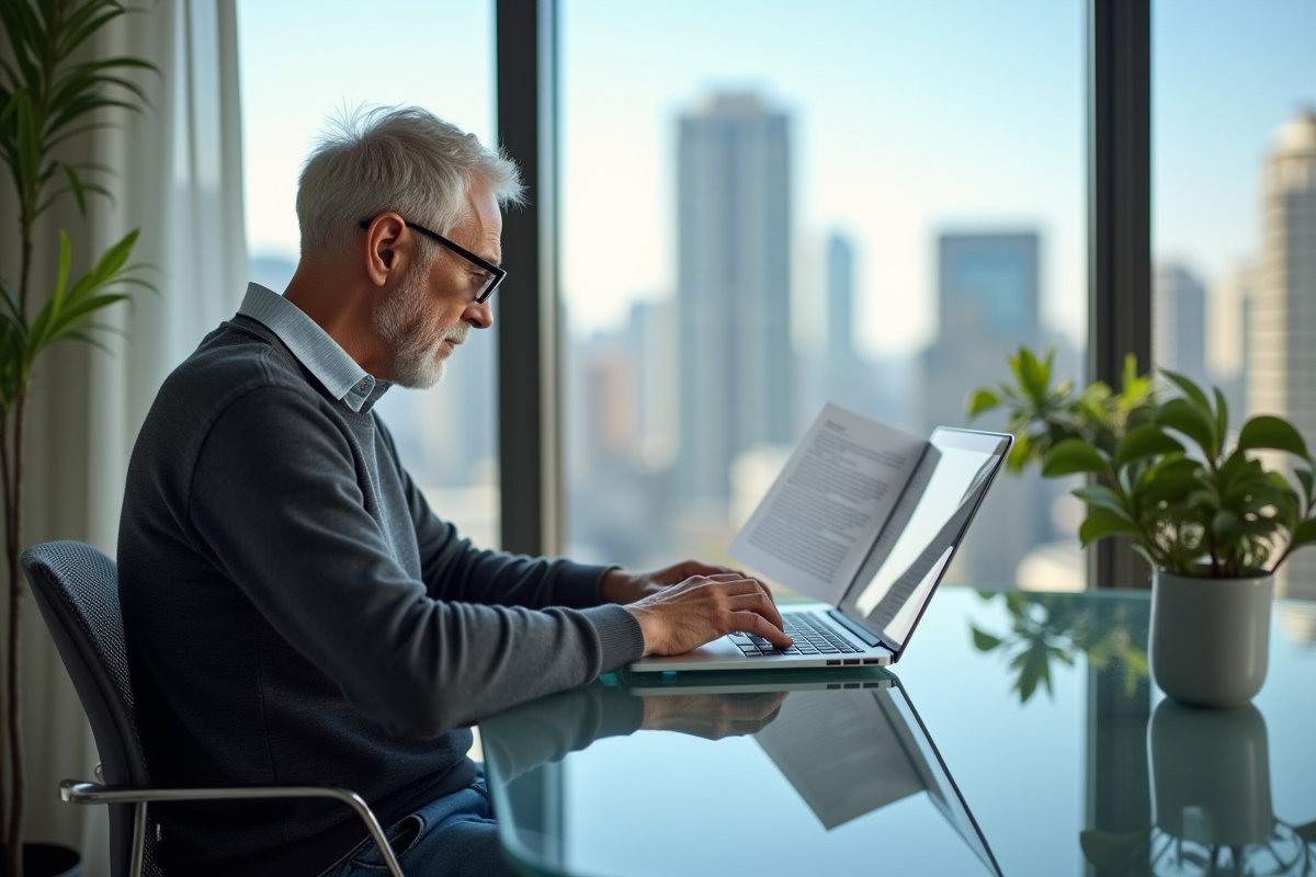 Homme relisant une lettre de retraite dans un appartement lumineux