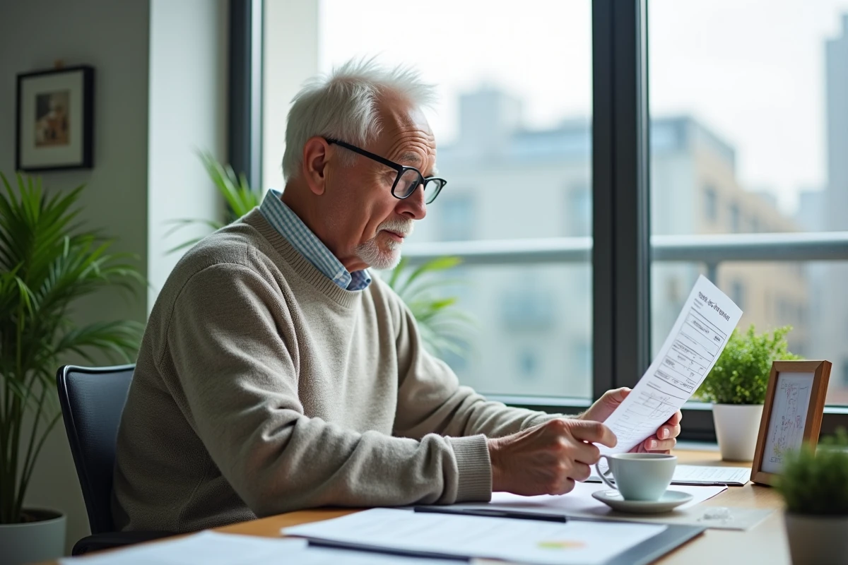 Homme senior vérifiant ses relevés financiers dans un bureau lumineux