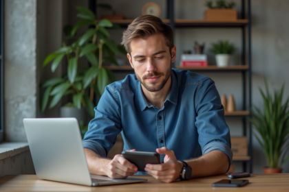 Jeune homme vérifiant ses transactions crypto au bureau