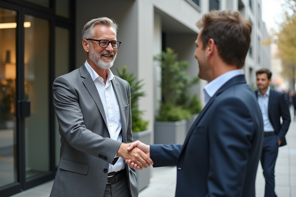 Homme d age serre la main d un agent immobilier dehors