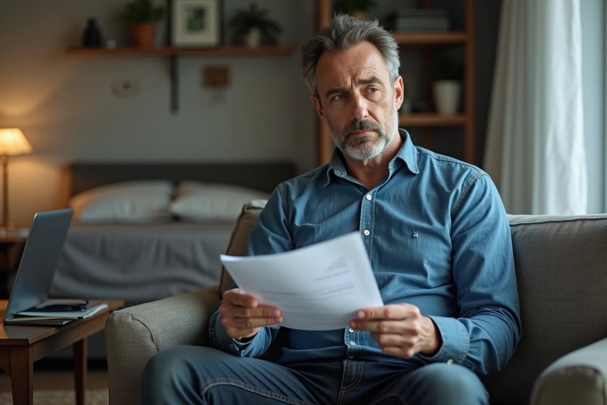 Homme seul dans un studio tenant une lettre administrative liée au RSA et aux allocations logement APL