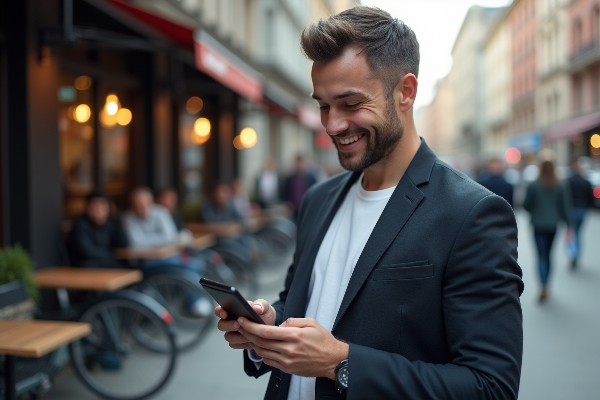 Homme debout avec smartphone affichant une app defi en ville