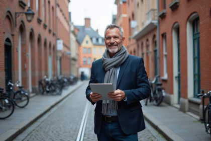 Homme souriant en costume à Lille avec bâtiments colorés