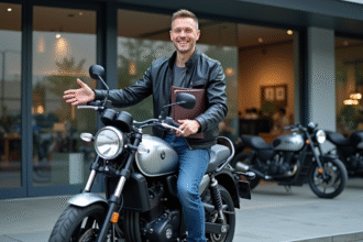 Homme souriant avec moto Yamaha Dax devant concession