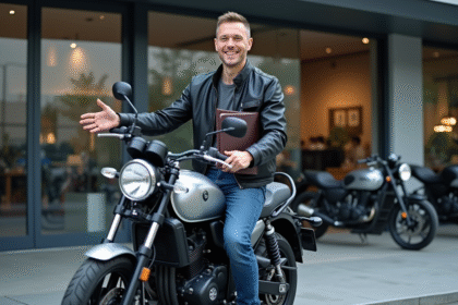 Homme souriant avec moto Yamaha Dax devant concession