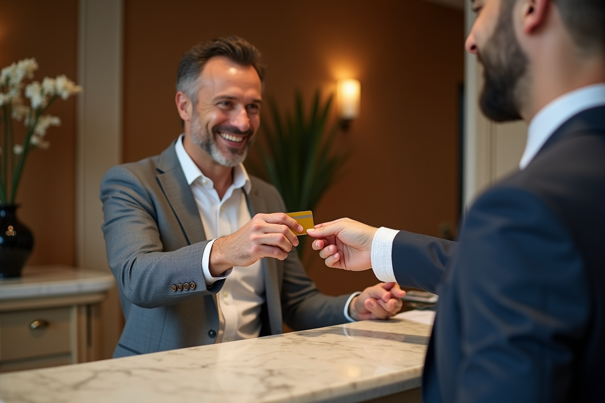 Homme souriant remettant sa carte bancaire au concierge d