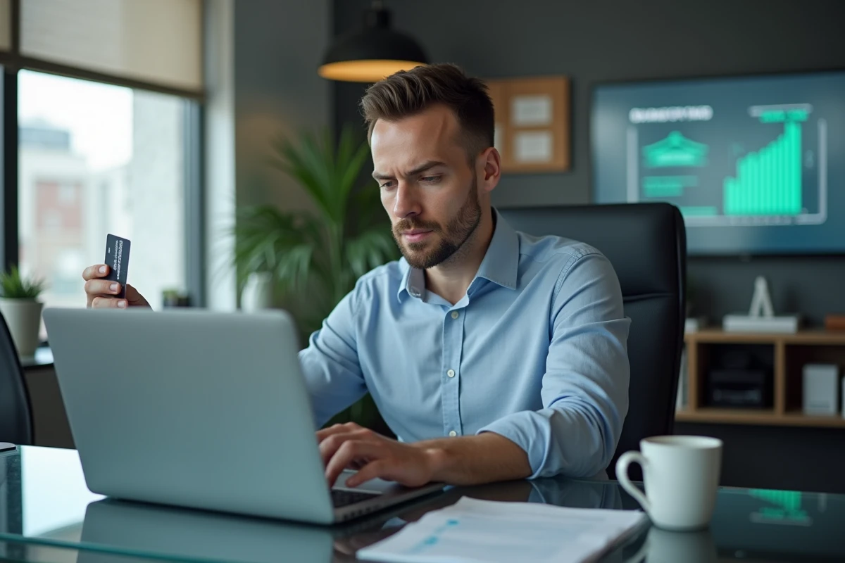 Homme d affaires utilisant sa carte bancaire dans un bureau moderne