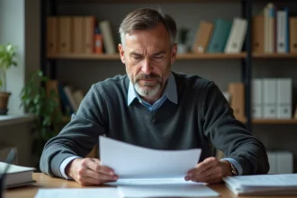 Homme d'âge moyen travaillant sur des documents officiels à domicile