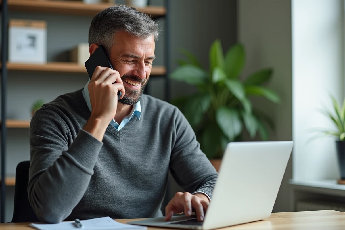 Homme au bureau à domicile utilisant son smartphone et ordinateur