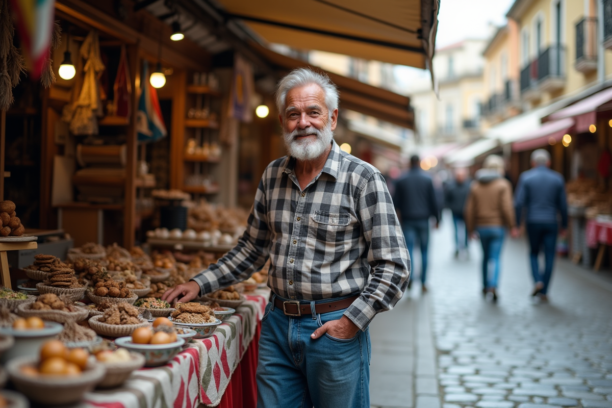 Homme retraité vendant des objets artisanaux au marché