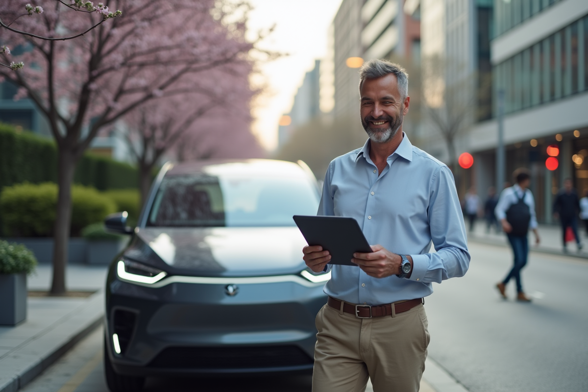 Homme d affaires avec voiture electrique en ville