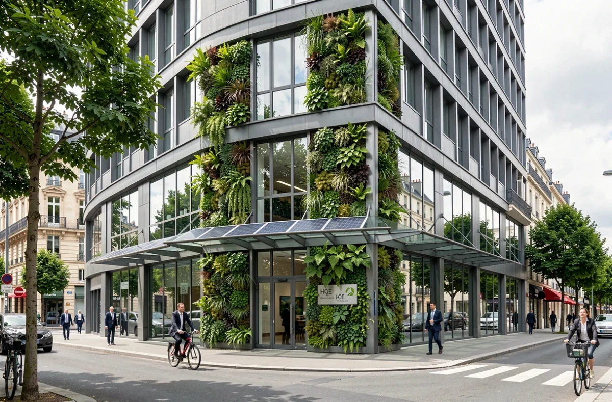 Immeuble de bureaux écologique certifié HQE typique des actifs immobiliers responsables en SCPI