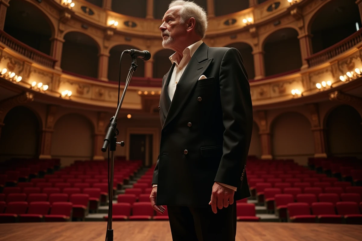 Artiste et producteur musical contemplant une salle de concert vide depuis la scène, évoquant une longue carrière dans le spectacle