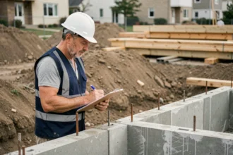 Inspecteur de chantier examinant une fondation en béton dans le cadre de la garantie décennale