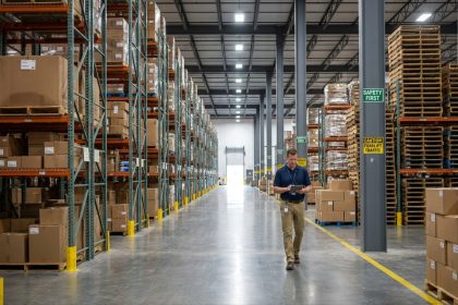 Intérieur d'un grand entrepôt logistique moderne avec des rayonnages métalliques chargés de palettes et un gestionnaire consultant une tablette