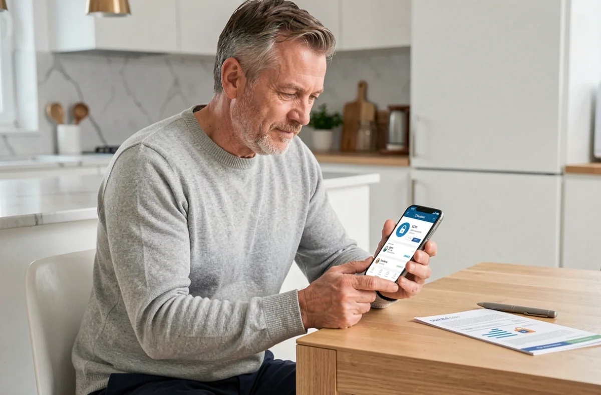 Homme consultant une application mobile sécurisée pour investir dans des parts de SCPI en toute sécurité