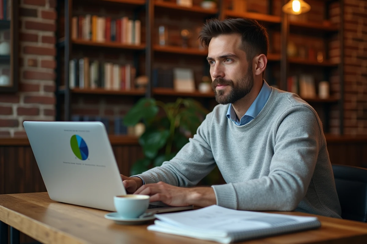 Investisseur particulier comparant des ETF et des opportunités d'actions sur ordinateur portable dans un café