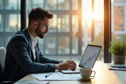 Jeune investisseur analysant des graphiques financiers sur un ordinateur lumineux