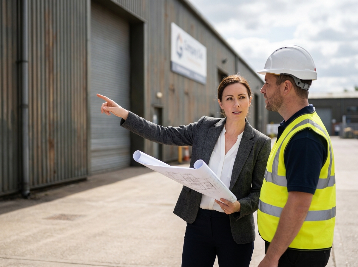 Investisseuse immobilière discutant avec un responsable de site devant la façade d'un entrepôt logistique lors d'une visite professionnelle