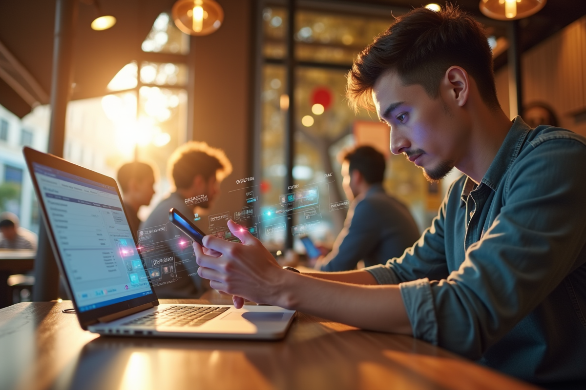 Jeune entrepreneur effectuant un paiement sans contact au café