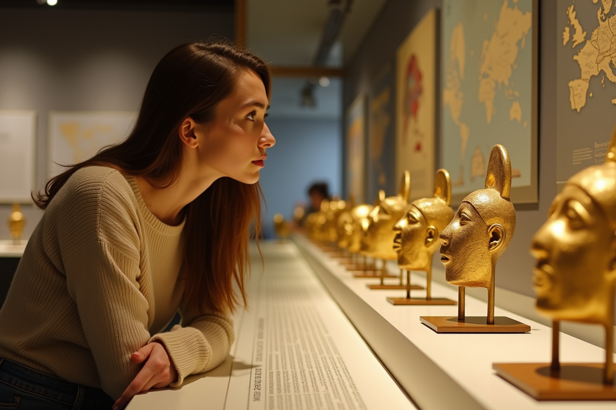 Jeune femme observant des artefacts d or dans un musée moderne