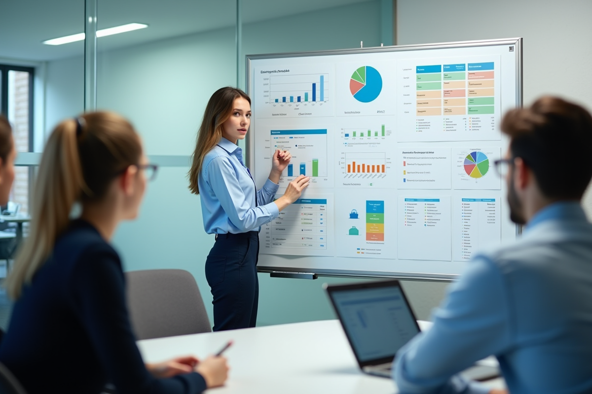 Jeune femme en réunion expliquant des graphiques financiers