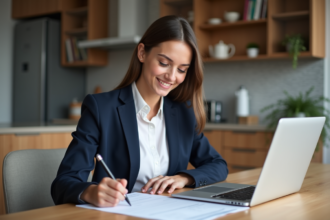 Jeune femme souriante examine documents de prêt immobilier