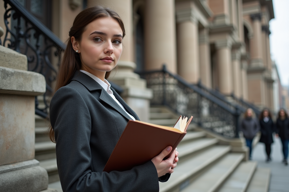 Jeune historienne devant un palais de justice avec livre ouvert