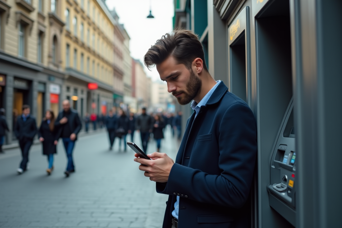 Jeune homme près d un distributeur automatique en ville