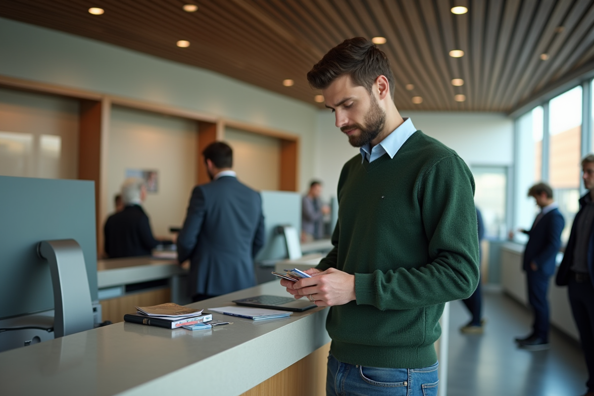 Jeune homme examinant ses cartes dans une agence bancaire