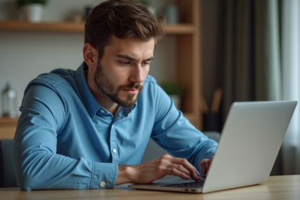 Jeune homme au bureau regardant son ordinateur portable