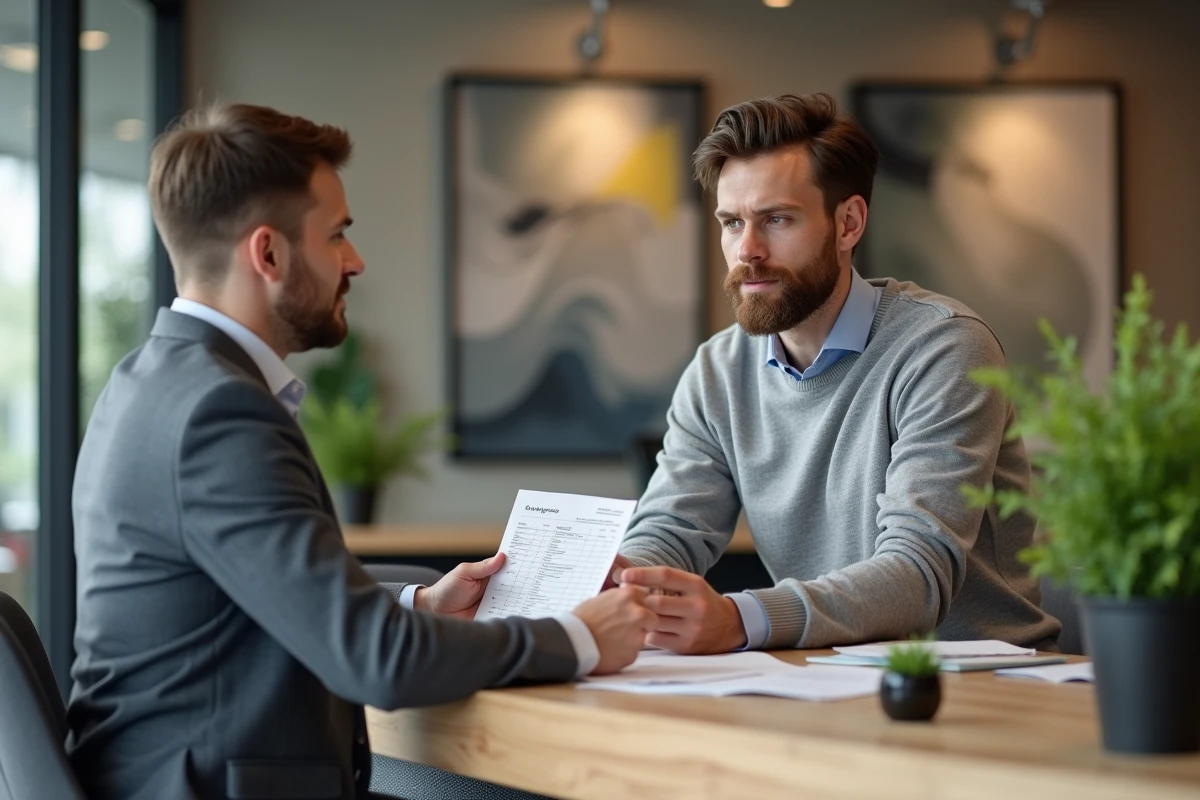 Jeune homme discute avec un conseiller bancaire dans une agence moderne