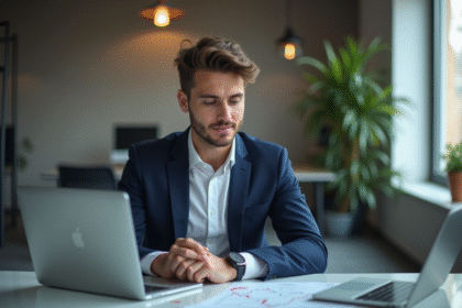 Jeune homme en bureau étudiant des graphiques crypto