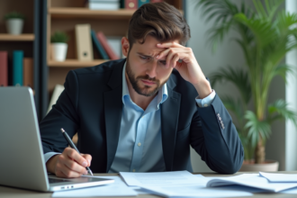 Jeune homme inquiet en train de lire des papiers juridiques