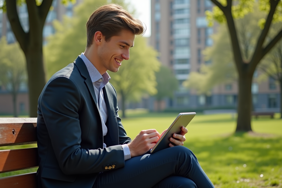 Jeune homme souriant avec tablette dans un parc urbain