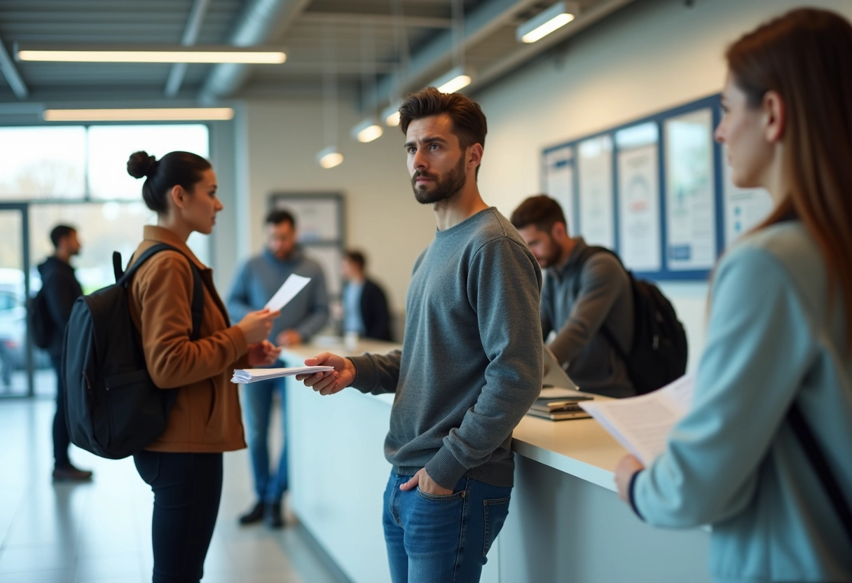 Jeune homme remettant des documents à la réception